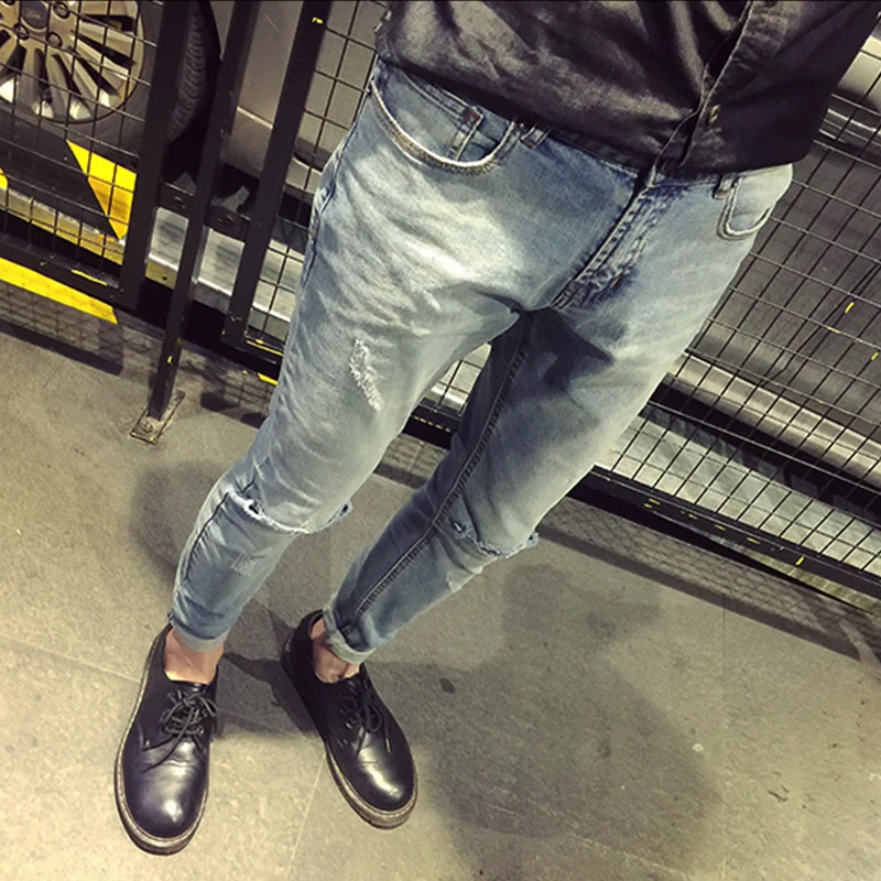 Отбеливающие Мужские джинсы в Корейском стиле эластичные штаны повседневные