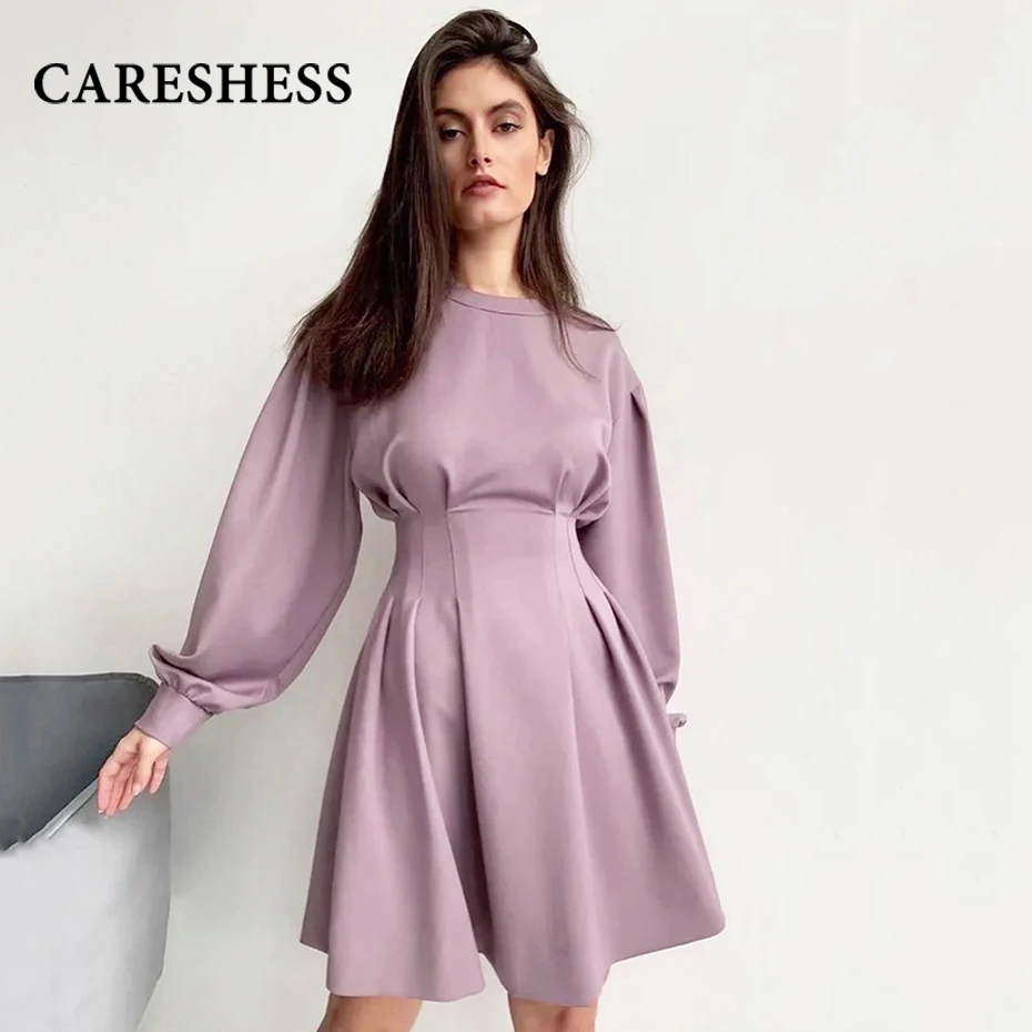 

CARESHESS 2021 Spring and Summer Long-sleeved Temperament Purple Knitted Dress Women's Waist Thin A-line Skirt Sexy Party Casual