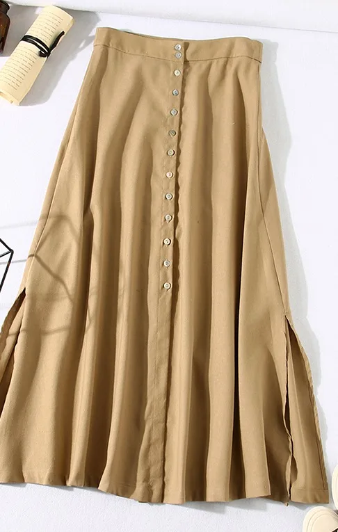 

Skirt Comfortable Women Linen Blend/single-breasted A-line Skirt Simple Casual High-waisted Skirt with Slit Hem