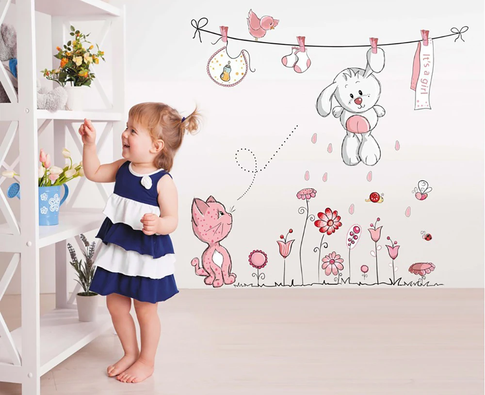 

Pink Cartoon cat rabbit flower wall Sticker For Baby Girls Kids Rooms Home Decor Teddy Bear Umbrella Classroom Wall Decals
