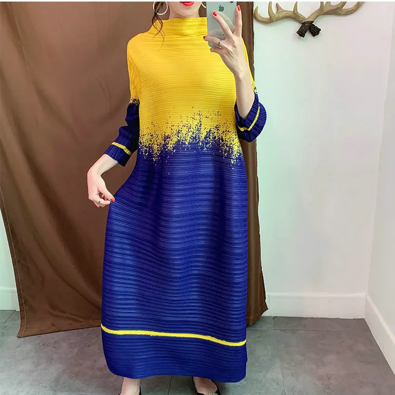 

Peated Dress Office Lady Summer Long Draped Dresses Plus 2021 Women Colour Block Print 3/4 Sleeve Slash Neck Loose Fit Vestido
