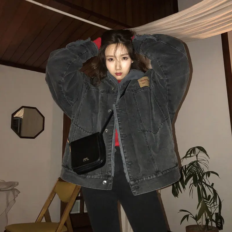 

Winter fashion loose plush cotton padded jacket imitation Plush thickened denim coat female women winter clothes