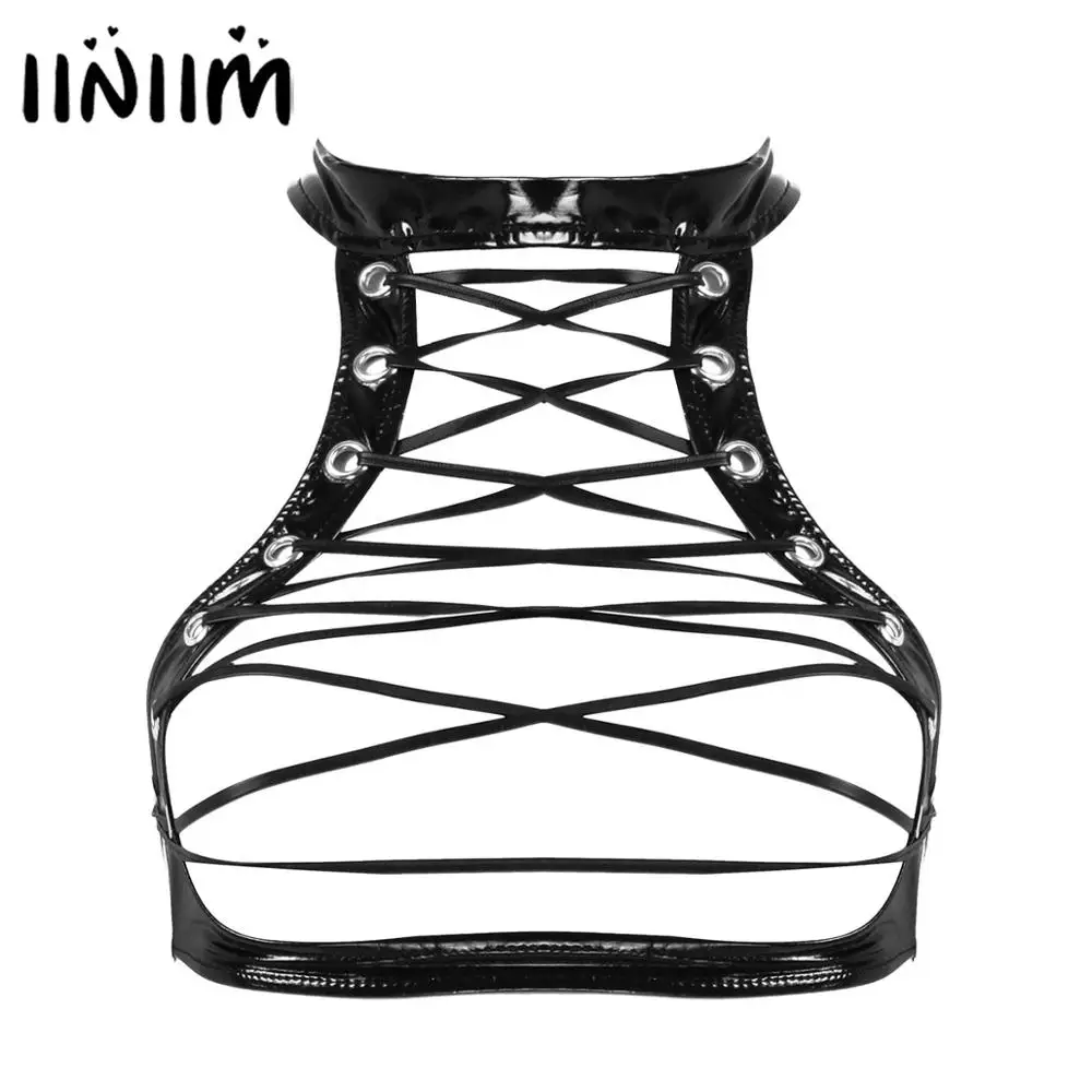 

Womens Fancy Clubwear Crop Top Patent Leather Lingerie Sissy Vest Tops Hollow Out Crisscross Lace Up Front Harness Bra Tops