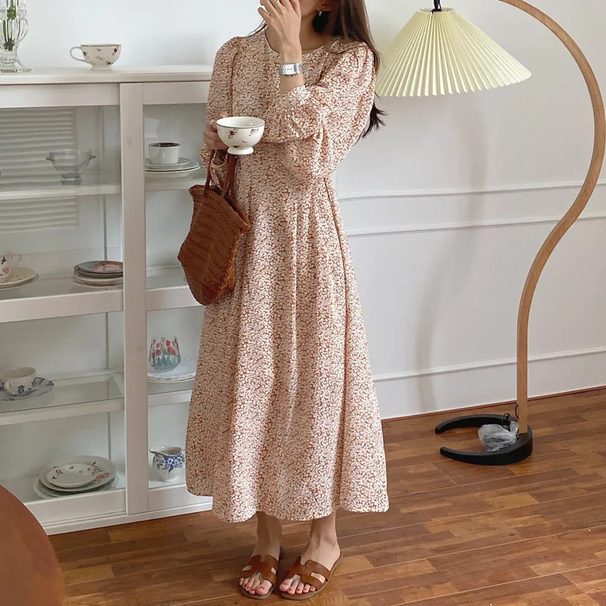 

Women's Chiffon Dress Female Vintage Floral Printed Long Sleeve Bow Midi Dresses Spring Autumn Flare Sleeve Vestidos