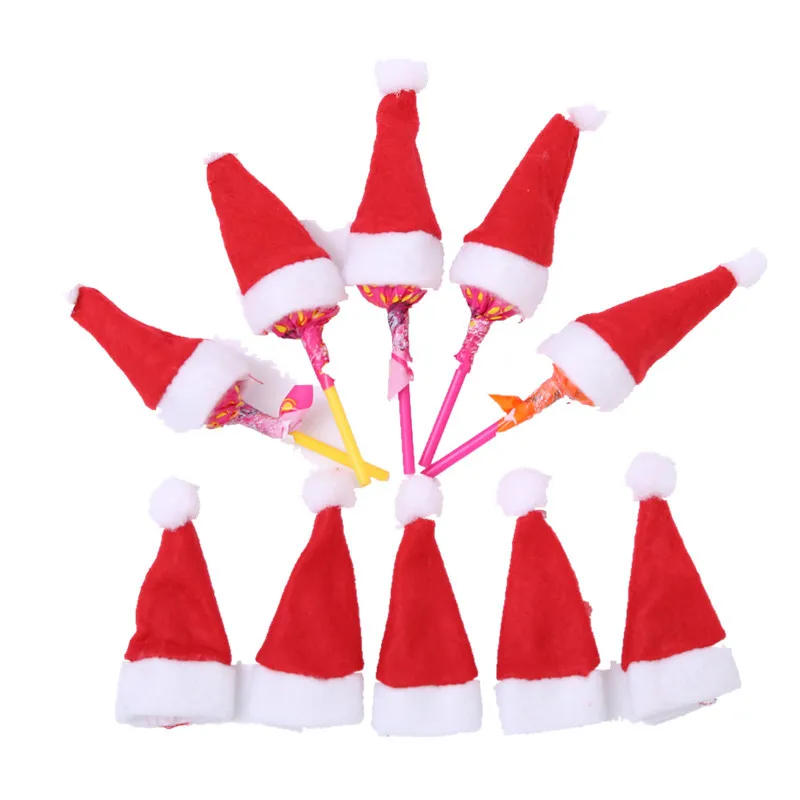 

10 шт./лот мини рождественские шапки, шапка красного Санта-Клауса, крышка для бутылки, Рождественское украшение для дома, праздничного стола, ...