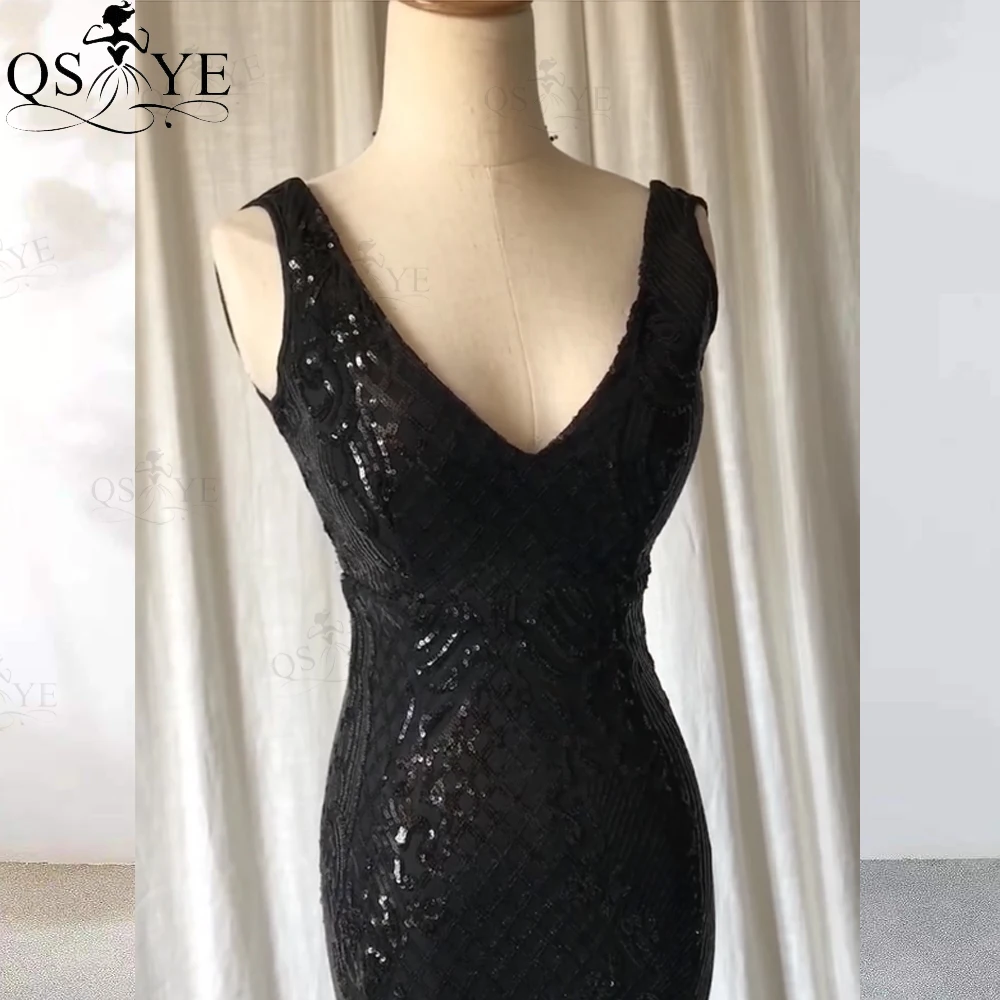 

Black Mermaid Evening Dresses 2021 Sexy V Neck Cheap Evening Gown Tulle Skirts Sequined Lace Elegant Party Dress Glitter Gown