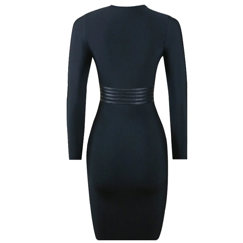 

2021 long sleeve dress spring and autumn small black dress sexy Pu stitching bandage dress