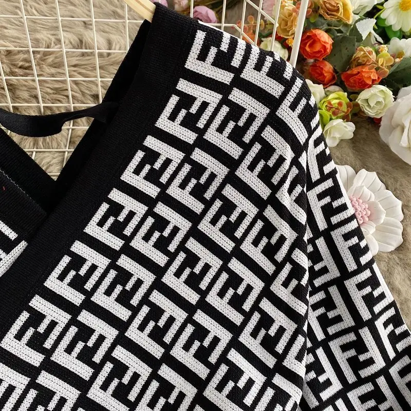 

V-neck letter knitted dress female new style temperament long-sleeved slim-fit sweater bag hip bottoming skirt