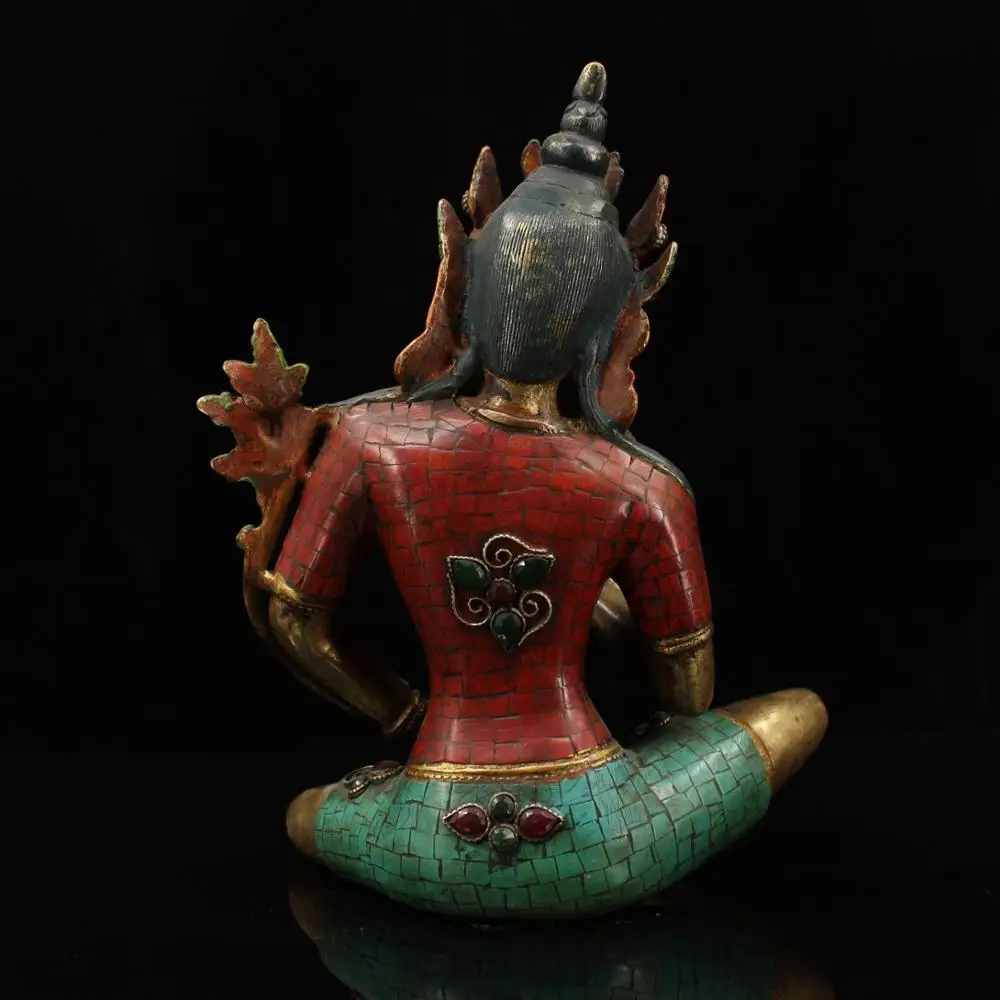 

wedding decoration Tibetan monastery collection old pure copper hand-made inlaid gemstones painted gold and green mother statue