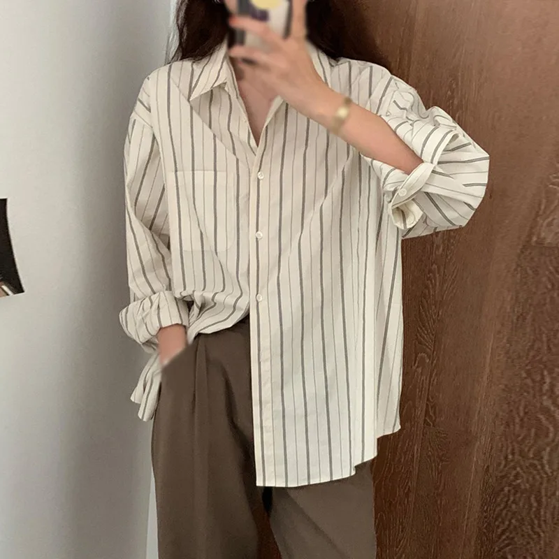 

Woman Blouses Fashion Spring Stripe Apricot Shirts Loose Casual Button Girl Long Sleeve Shirt Top Blouse Female Clothing