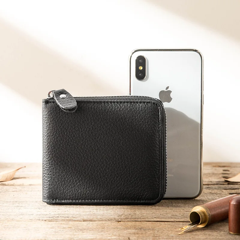 Мужской кошелек короткий из натуральной кожи на молнии Многофункциональная