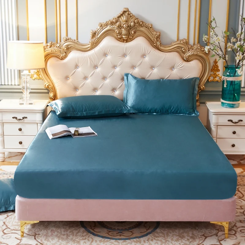 

Silk Satin Bed Linen Elastic Fitted Sheet Home Hotel Soft Mattress Cover for Double Couple Queen King Size No Pillowcase 2021