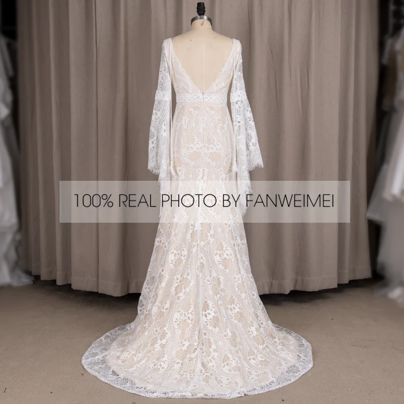 803#2021 New Design Long Lantern Sleeve Empire V-Neck Backless Small Train Beauty Backless Lace Boho Beach Wedding Dresses Women