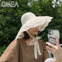 omea straw hat women summer floral lace beach hat holiday sun visor strap adjustable wide brim floppy hat girl cap elegant