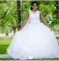 crew neckline ballgown lace appliques wedding dresses sweep train robes de mariage african bride bridal gowns
