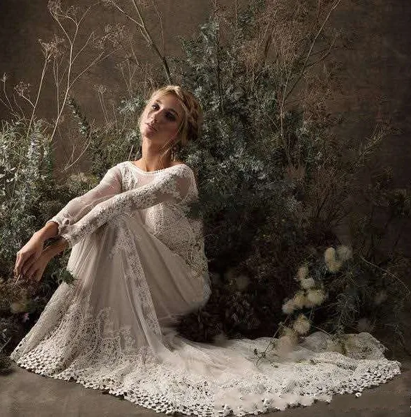 Vestido De Noiva кружевное свадебное платье с длинным рукавом в стиле бохо, Элегантное свадебное платье с открытой спиной, винтажное свадебное платье