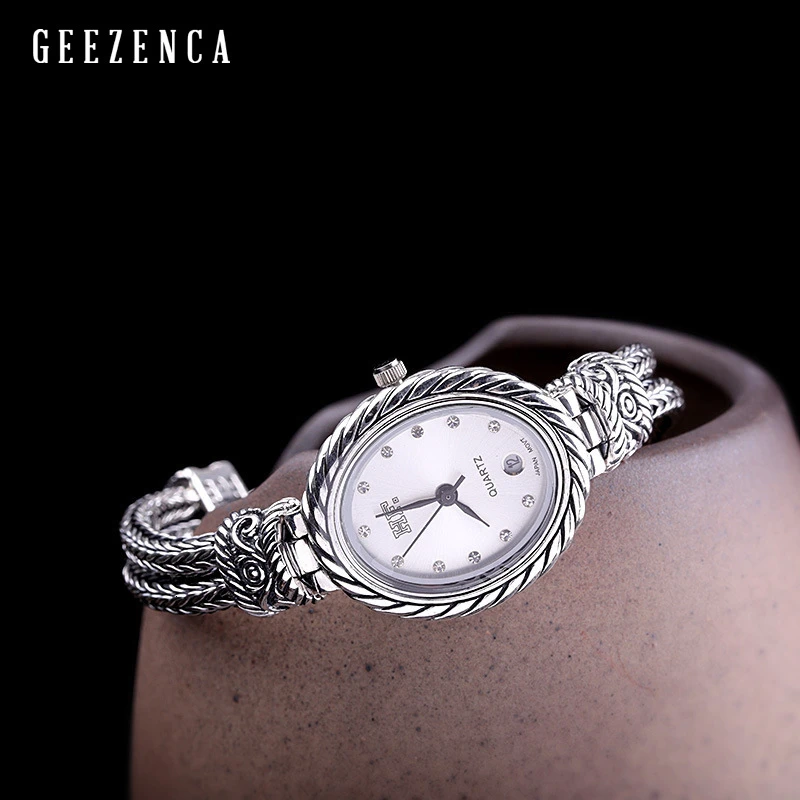 Женские часы браслет из тайского серебра 925 пробы Модные Винтажные кварцевые с