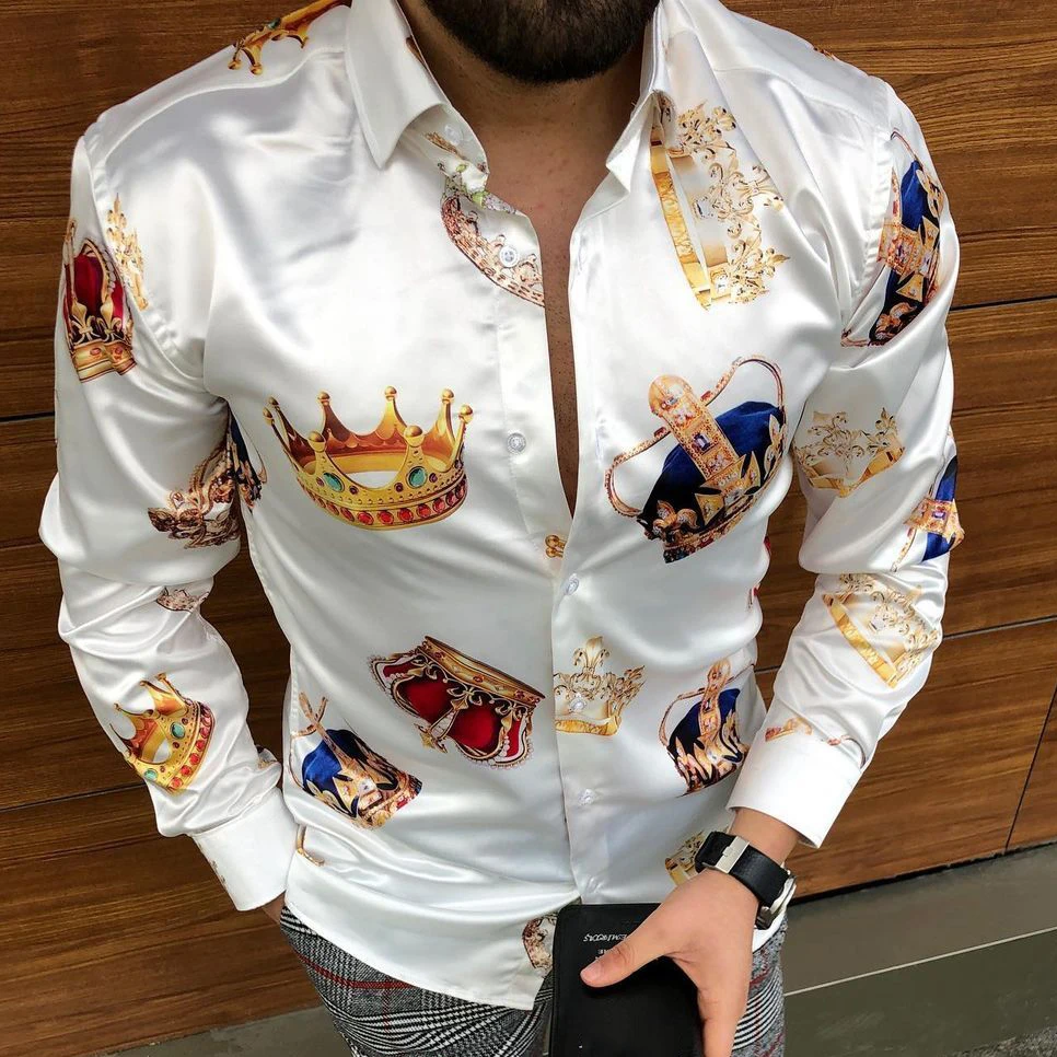 

2021 Business Casual Crown Print Trend Shirt For Men Autumn Print Long Sleeve Tops Hawaiian Shirts Men Clothing Vacation Shirts