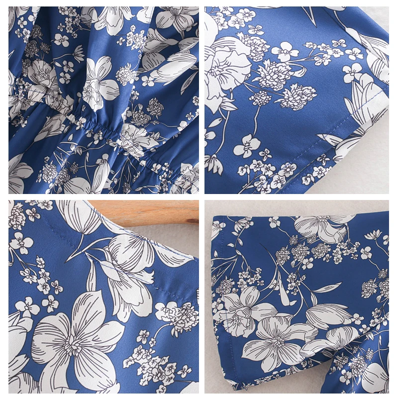 ROHOPO/Белое цветочное синее платье миди с коротким рукавом туника v образным