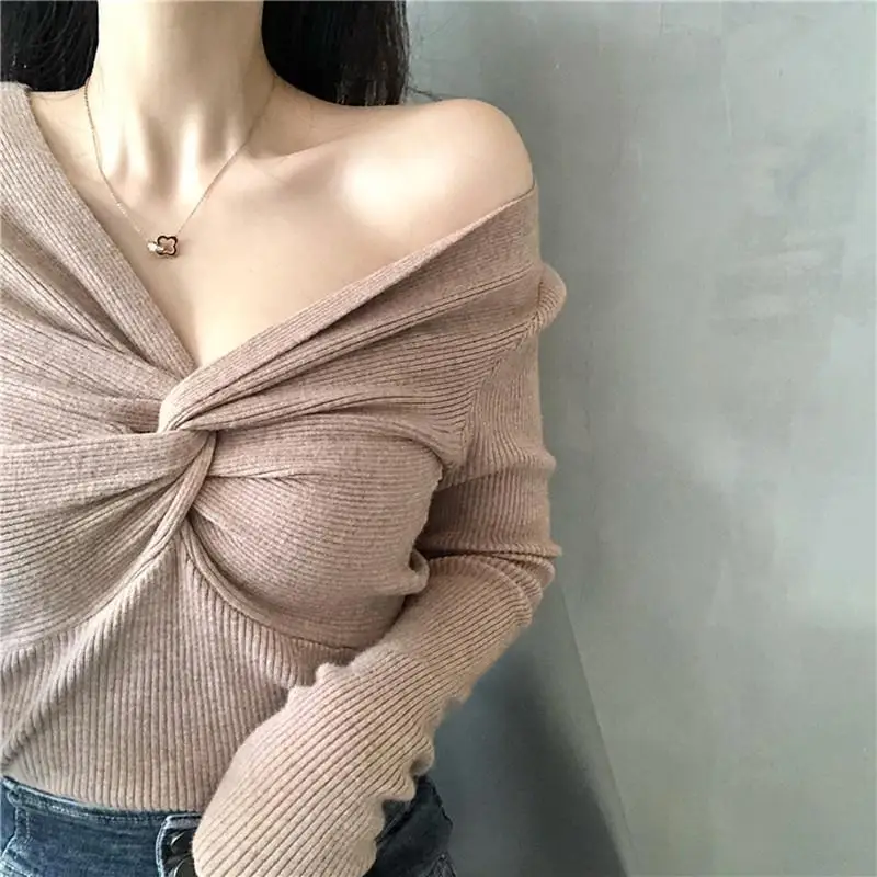 

Deeptown Korean Style Knitted Strapless Sweater Women Sexy Solid Cross V-neck Slim Pullover Autumn Winter Long Sleeve Jumper Top