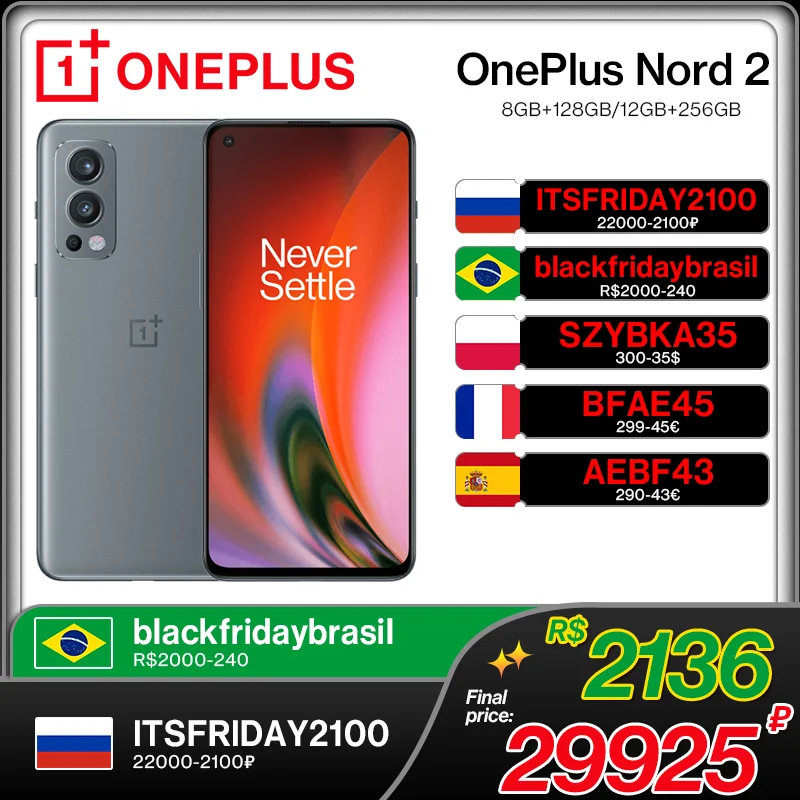  OnePlus Nord 2, телефон со стандартным дизайном, память 8 ГБ, 128 ГБ, камера 50 МП с искусственным интеллектом, OIS MTk Dimensity 1200-AI Warp Charge 65; (Black Friday код:I…