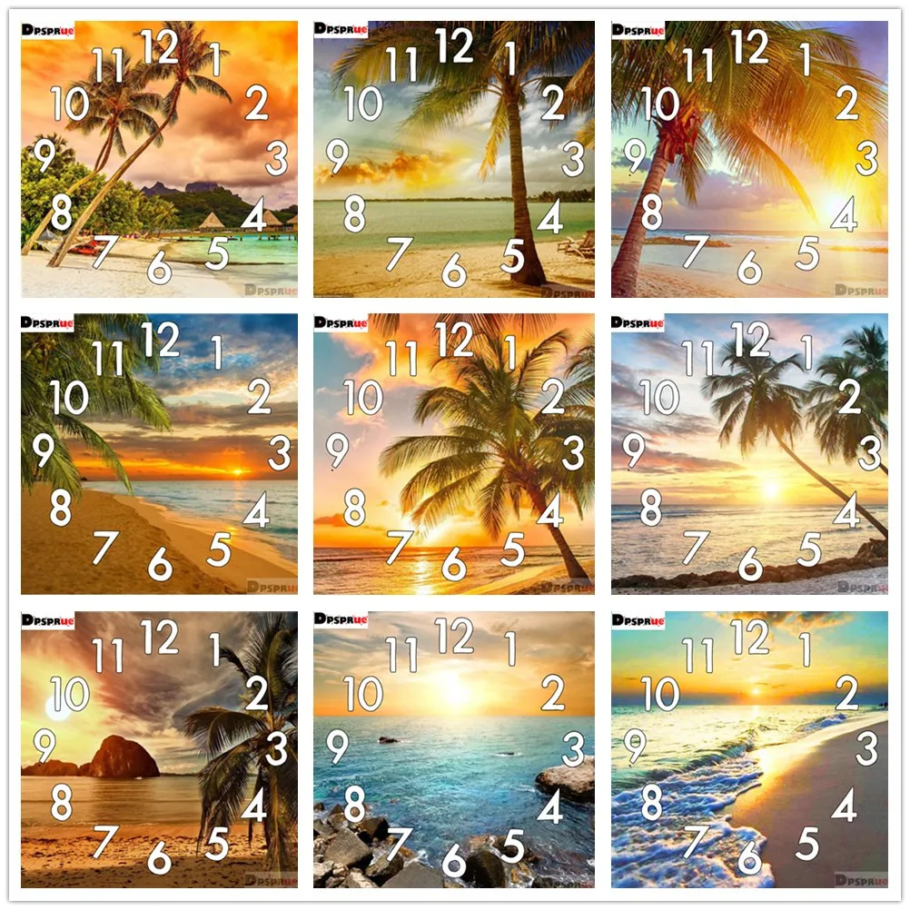 

Dpsupr Full Diamond Painting Cross Stitch Beach Scenery With Clock Mechanism Mosaic 5D Diy Square Round 3d Embroidery Gift