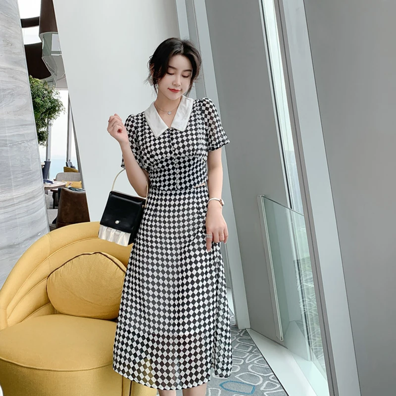 

New arrival women two-piece set sexy short basic shirt and long a-line skirt fashion work style plaid beach casual women set