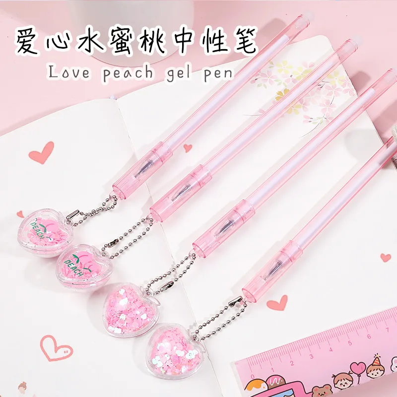 

(4 Pieces/Lot) Love Peach Gel Pen Cute Pendant Pen Learning Exam Signature Pen Student Black Ink Pen