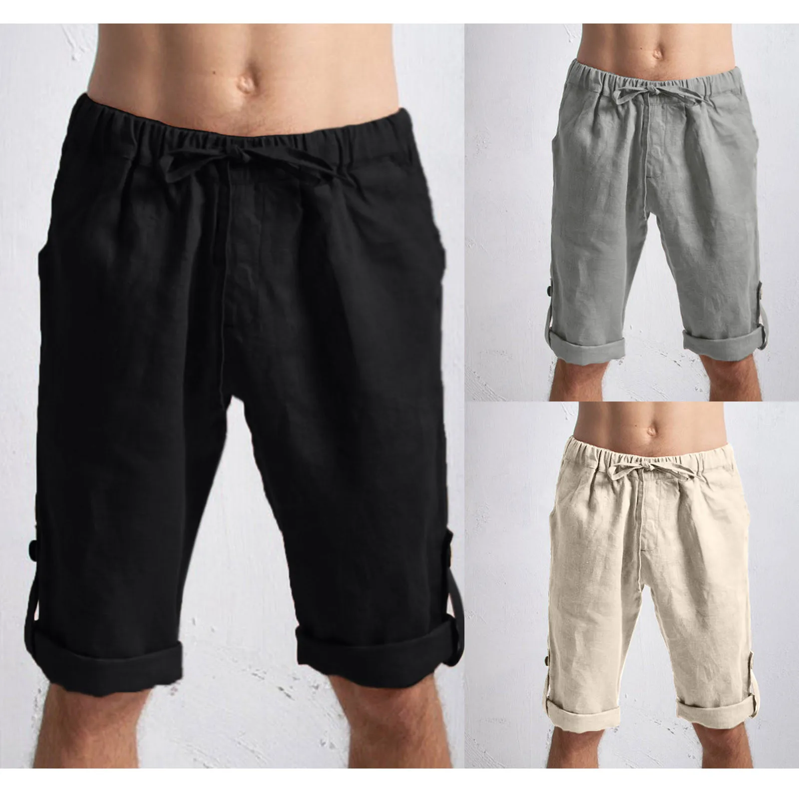 

Мужские модные повседневные шорты со средней талией, дышащие шорты из смешанного хлопка и льна со средней талией, пятиконечные брюки, пляжн...
