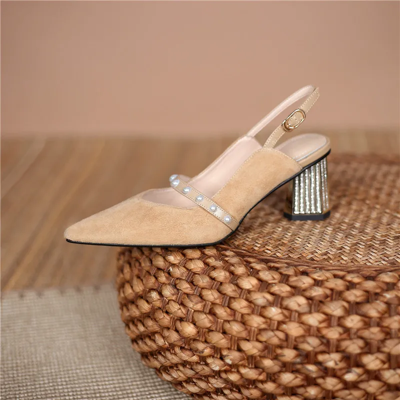 

MEMUNIA 2021 Top Quality Party Wedding Shoes Women Pumps Suede Leather Pearl Buckle Slingback Single Shoes Women High Heels