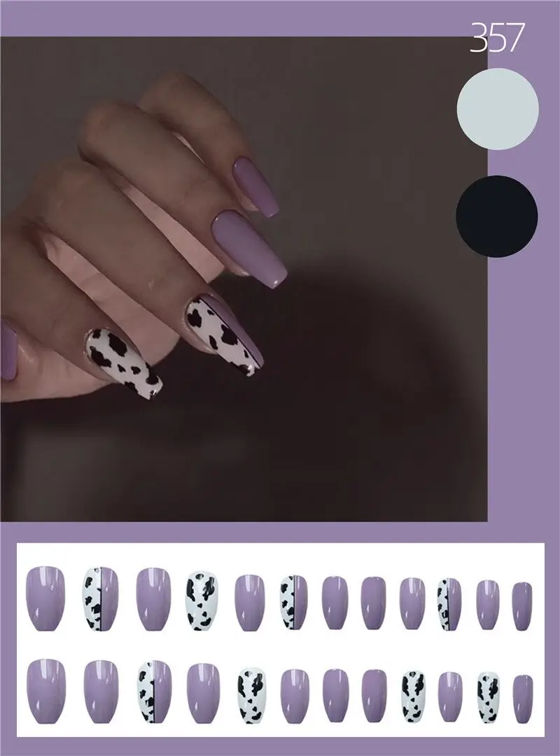 

New purple pure color Ballet false nails with leopard pattern fake nails 24pcs with glue lady American punk style Ins nail tips