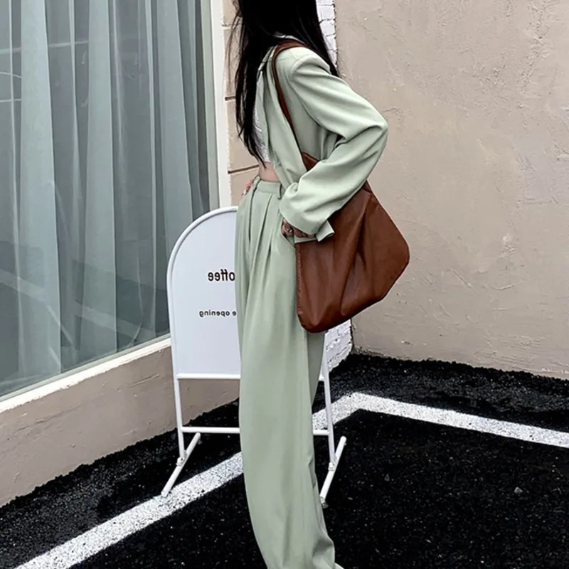 

Green Korean Streetwear Two Piece Set Women Long Sleeve Blazer Coat Top + High Waist Long Pants Suits Ladies Casual Pants Set