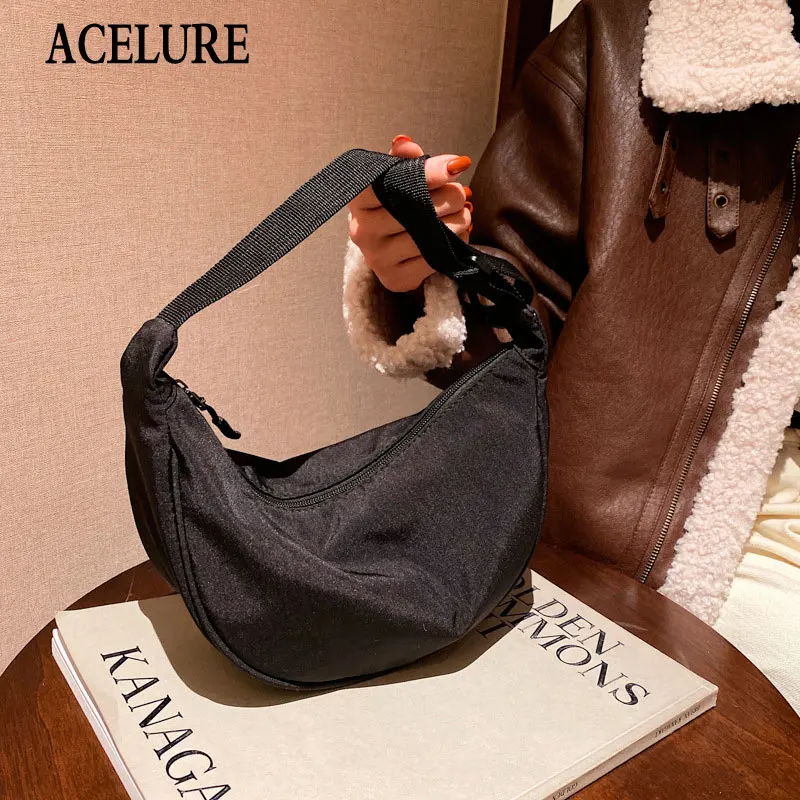 

ACELURE Simple Style High Capacity Hobos Solid Color Fashion Nylon Zipper Shoulder Crossbody Bags Ladies Shopping Purse Totes