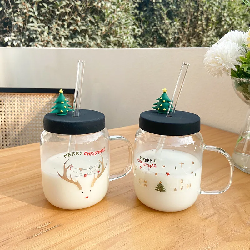 

Creative Christmas Gift Glass Water Cup Cartoon Transparent Printing Straw Cup Coffee Mug Milk Mug Cup Borosilicate Glass