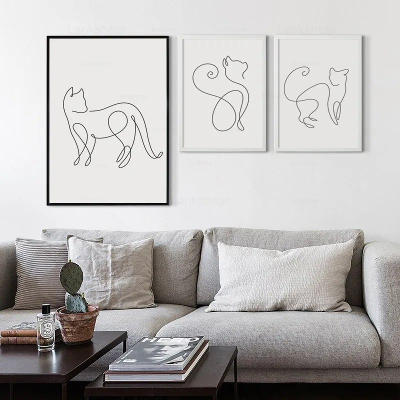 Минимализм с абстрактными линиями кривой животных кошка холст художественный