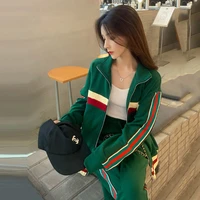 leisure sports suit womens 2021 spring and autumn new retro contrast loose slim fashion cardigan coat set of three