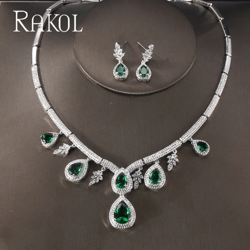 RAKOL Роскошные капли воды кубического циркония камень серьги ожерелье набор украшений для женщин свадебный ужин платье Дубай ювелирные изделия