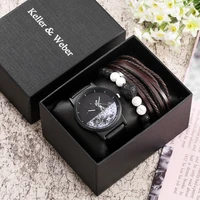 fashion men quartz wristwatches with black box 3pcs mens watch bracelet set 2021 business leather watches gifts suit