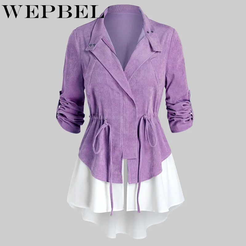

Mandylandy Women Autumn Winter Long Patchwork Open Front Shirt Coat Lady Elegant Long Sleeve Lapel Collar Drawstring Corset Top