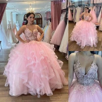 new arrival v neck pink quinceanera dress with ruffles lace beaded tiered ruffles tulle ball gown sweet 16 dresses