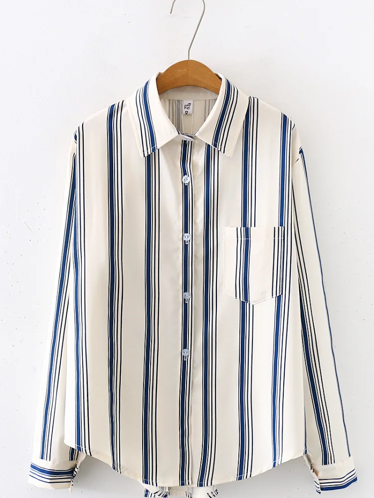 

Women's Blouses Chiffon Polo Shirts Casual Shirt Plus Size Loose Top Stripe Long Sleeve Summer Lady Blouse Print Tops Houthion