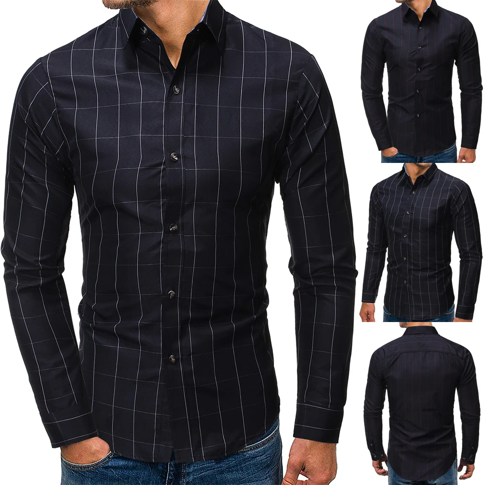 

2019 Мужская модная Повседневная рубашка с длинным рукавом с принтом, мужская приталенная деловая Классическая рубашка, брендовая мужская од...