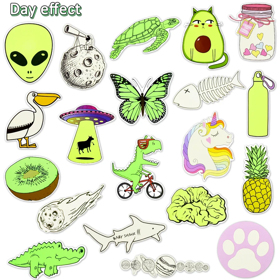 Pegatinas bonitas que brillan en la oscuridad para ni&ntilde;as y ni&ntilde;os, juguetes impermeables de vinilo, Kawaii, ne&oacute;n, para motocicleta, port&aacute;til y coche, 10/20 piezas-2