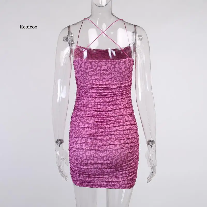 

Summer Women's Leopard Print Dress Feminine Party Mini Dress Spaghetti Strap Halter Pleated Short