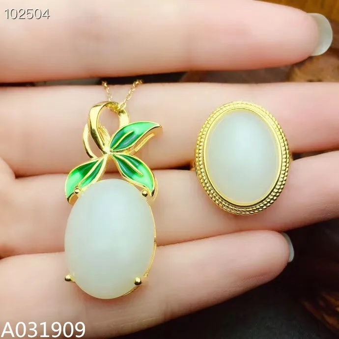 

KJJEAXCMY boutique jewelry 925 sterling silver inlaid Natural White jade pendant ring ladies suit support detection classic