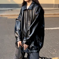 korean black leather jacket women winter long womens moto biker zipper jacket streetwear harajuku y2k loose womens coat 2021
