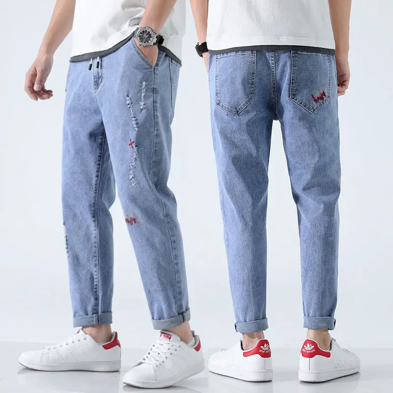 Men jeans harem pants spring loose large size straight tether summer casual youth student trendy clothes blue gray ripped jeans