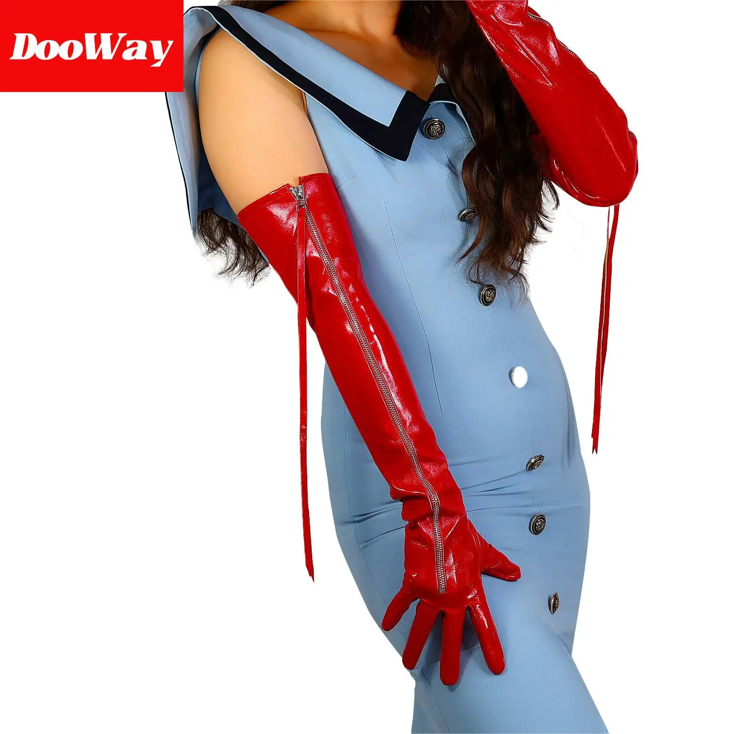 Кожаные перчатки DooWay omen Opear с длинным рукавом на молнии, блестящие красные, 24 дюйма