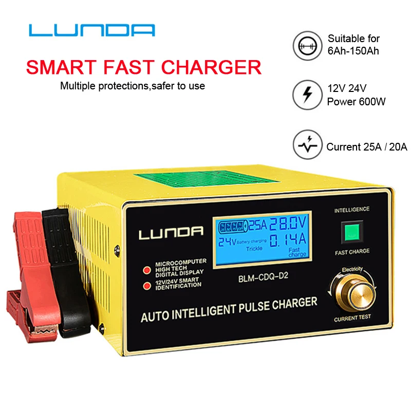 Английский ЖК-дисплей 600W 25A умный автоматический 12 V/24 V автомобиль хранения Батарея Зарядное устройство 200AH интеллигентая(ый) ремонт импульса для свинцово-кислотных батарей