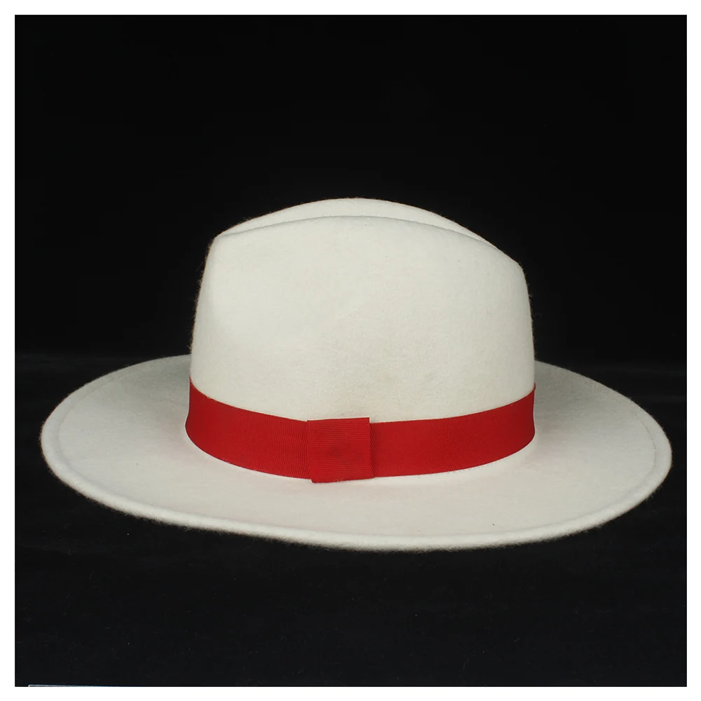 100% шерсть Подлинная женская белая шляпа-федора с красной лентой элегантные